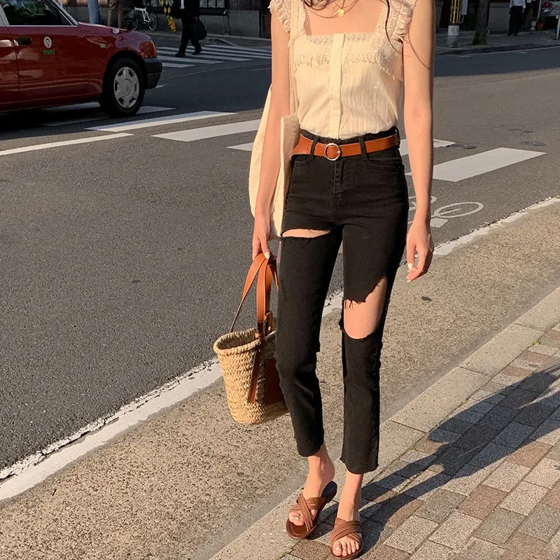 2020 осень зима модные черные джинсы для женщин с дырками и высокой талией