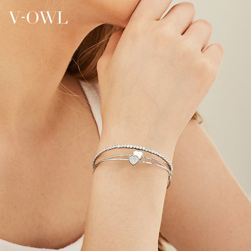 Серебряный трехслойный Открытый браслет V-Owl в форме сердца милый из нержавеющей
