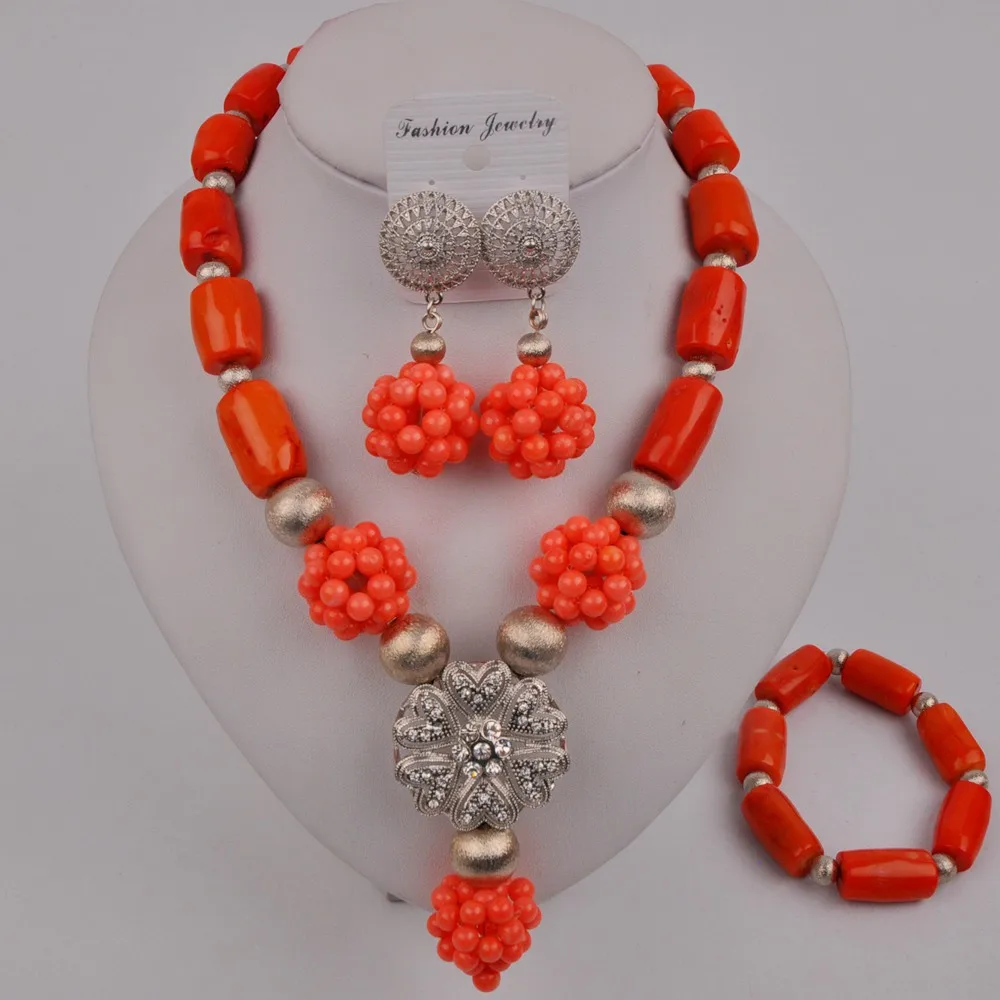 

Последний оранжевый нигерийский коралловый бисер Свадебный комплект ювелирных изделий Африканские свадебные колье, комплекты 12-K-05