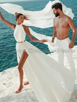 beach wedding dress halter sleeveless open back wedding gowns chiffon pleat a line boho bridal dresses