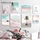 Скандинавская Картина на холсте, розовый Пляжный Пейзаж, настенный художественный постер, пальмовое дерево, печатные картины для океана, украшение для гостиной