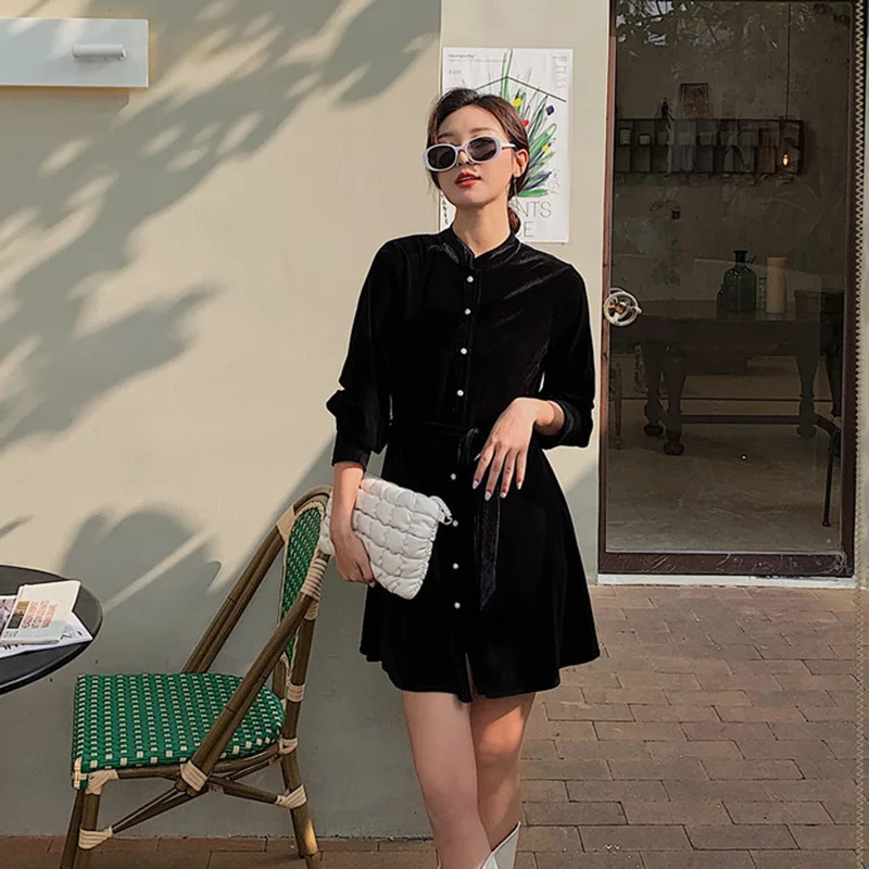

Women Black Single Breasted Velvet Dress New Stand Neck half Sleeve Loose Fit Fashion Tide Spring Autumn 2022 C862