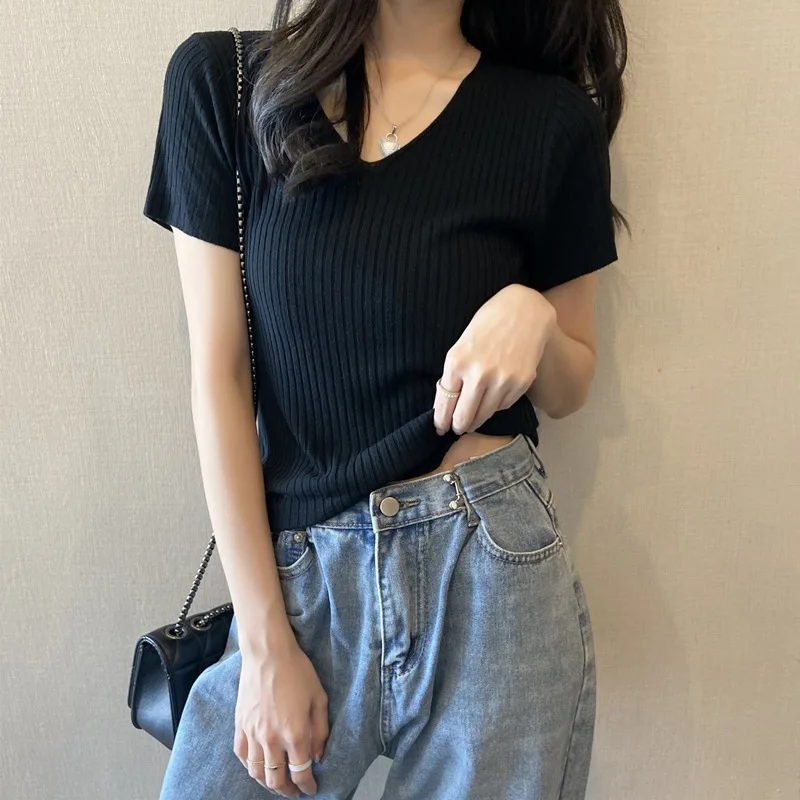 

2021 Women's T-shirt V-neck T-shirt Casual solid color T-shirt 100% cotton gray