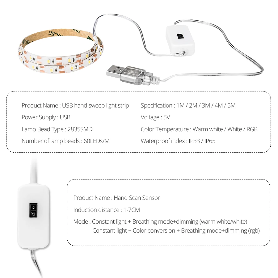 4 Modes RGB Hand Sweep LED Strip Light 1M 2M 3M 4M 5M Motion Sensor TV PC Tape for Kitchen Indoor Bedroom Decoration | Освещение