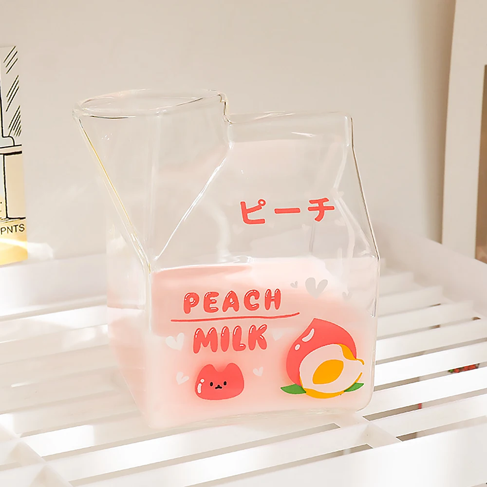 Милая квадратная стеклянная чашка молочная картонная коробка с фруктовым узором