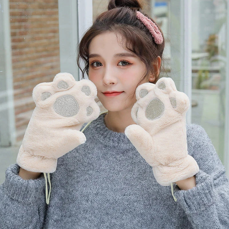 

1Pair Women Girls Warmer Gloves Cute Cat Kitten Paw Claw Winter Warm Gloves Soft Anime Cosplay Plush for Halloween Accessories