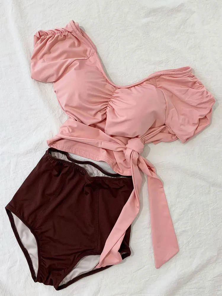 

Korean Women Tankini Set V Neck Bikini Set High Waist Short Sleeve Cute Girl's Swimsuit Badpak Ruches Swimsuit Fused Teenage