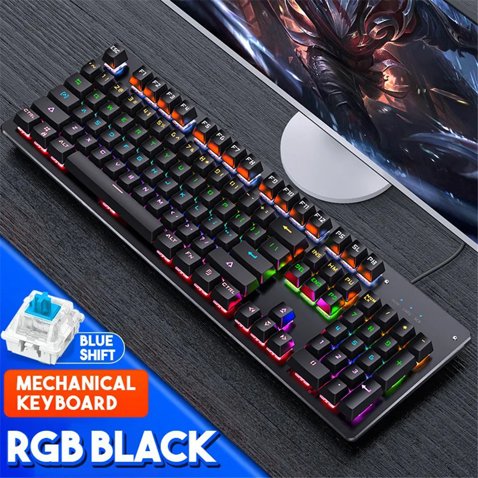 

Mechanical Keyboard104 Keys Blue Switch KeyboardUSB Cyan Shaft Wired Gaming Keyboards RGB Color Backlit For PC Game/LOL/DOTA
