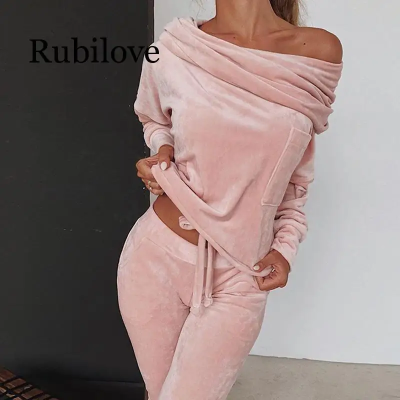 

Off Shoulder Top + Trousers Set Sweatshirt Women 2 pieces Set Autumn Pants Sets Sport Wear Tracksuit Velvet Lounge Suit