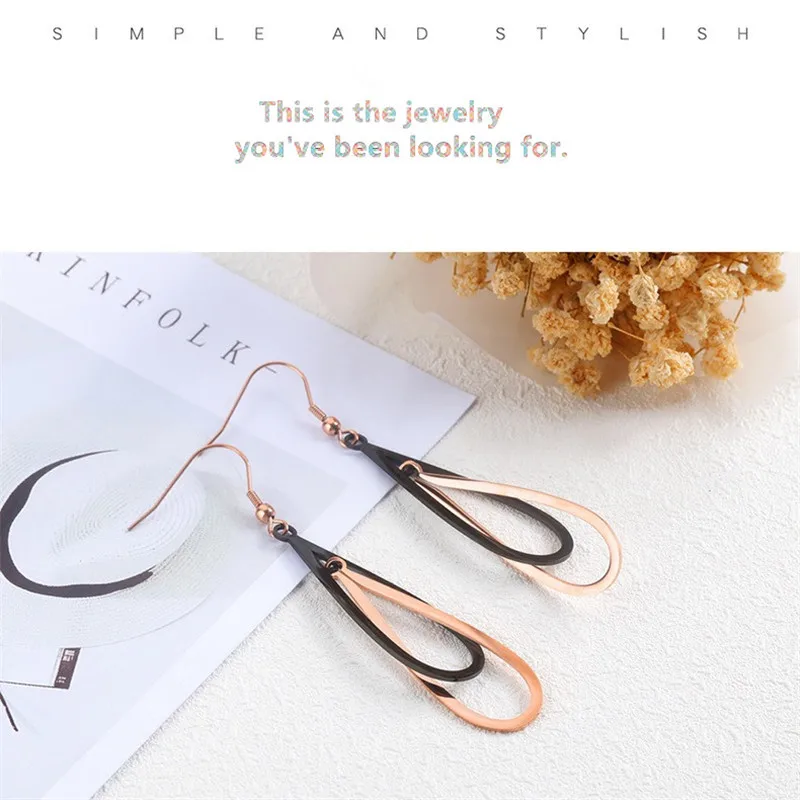 Simple black earring lady stainless steel rose gold style geometry shape long | Украшения и аксессуары