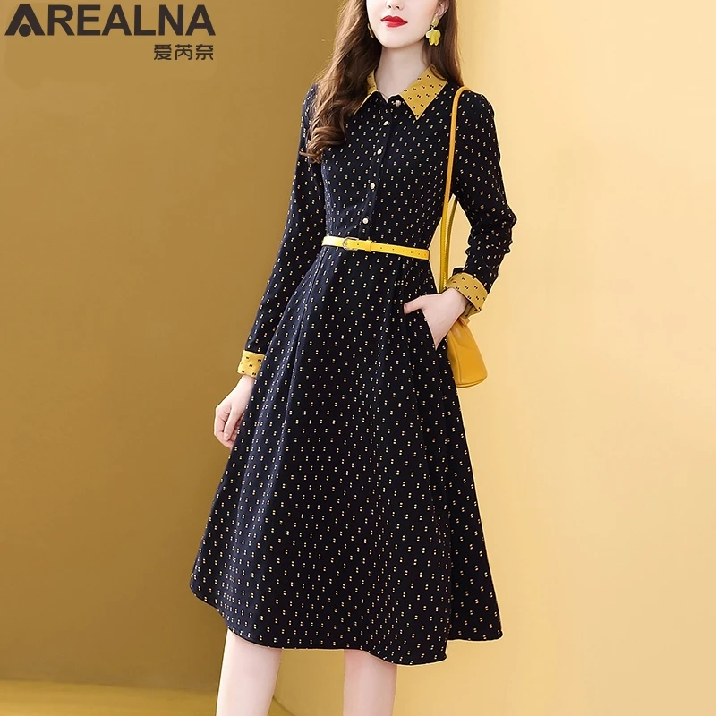 

High Quality France Retro Runway Designer Dress Women's Long Sleeve Print Shirt Dress Turn Down Collar Office Work Dress Femme