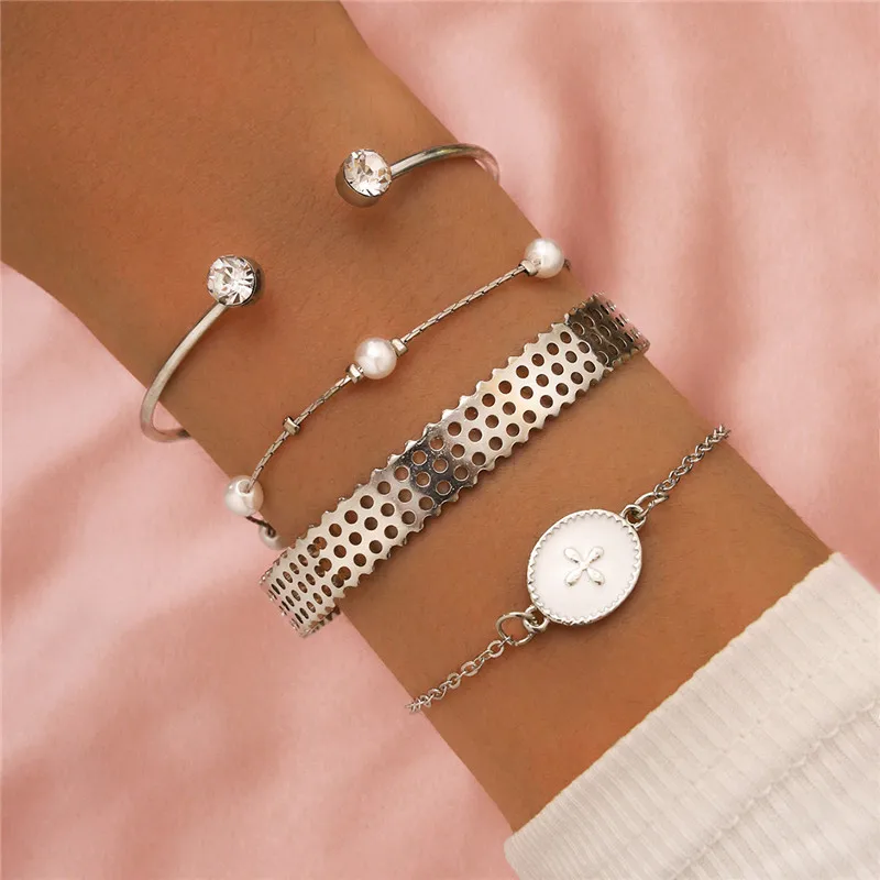 

Modyle Silver Color Geometric Bracelet Set Punk Vintage Cross Crystal Simulated Pearl Hollow Open Bracelets Bangles