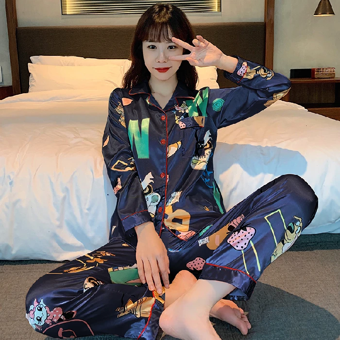 

New Luxury Silk Pajamas For Women Long Sleeve Shirts Pants 2pc Pajama Sets Ladies Simple Cartoon Print Sleepwear Clothes Suit