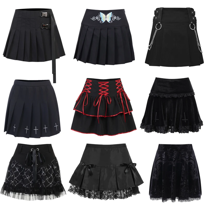 

Punk Harajuku Mini Skirt Sexy Y2K Grunge Gothic Black Lace High Waist Pleated A-line Skirt 90s Vintage Women E-girl Clothes