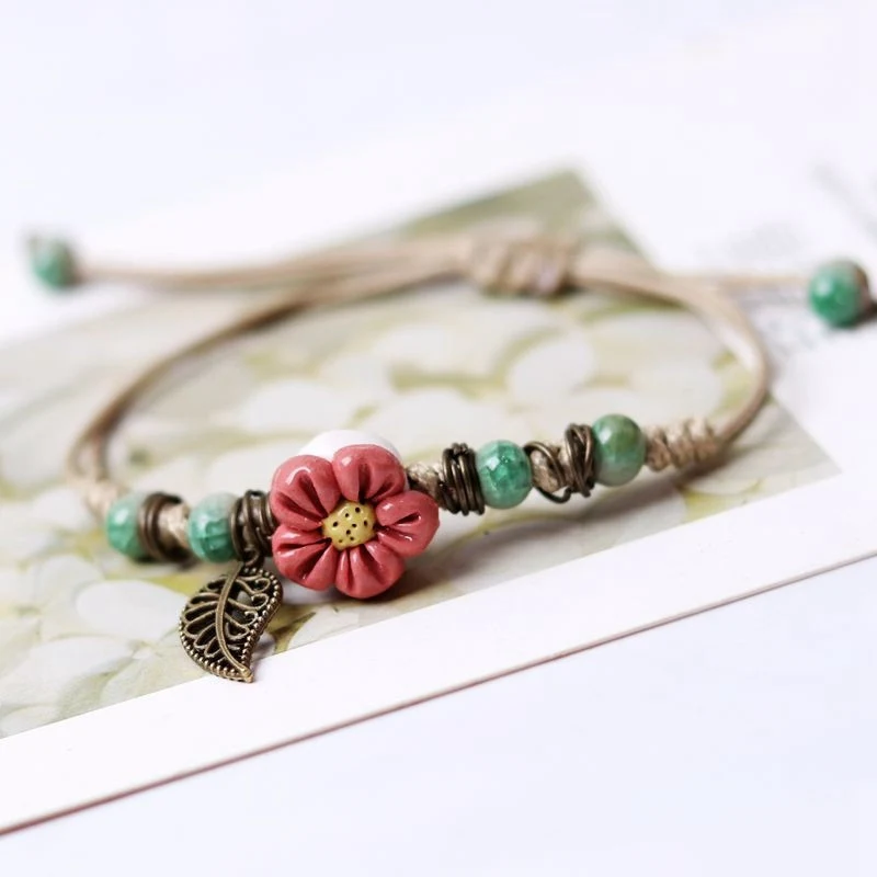 

Festival Gift Ladies Girls Beads Ceramic Bracelet Daisy Leaf Charm Flower Boho