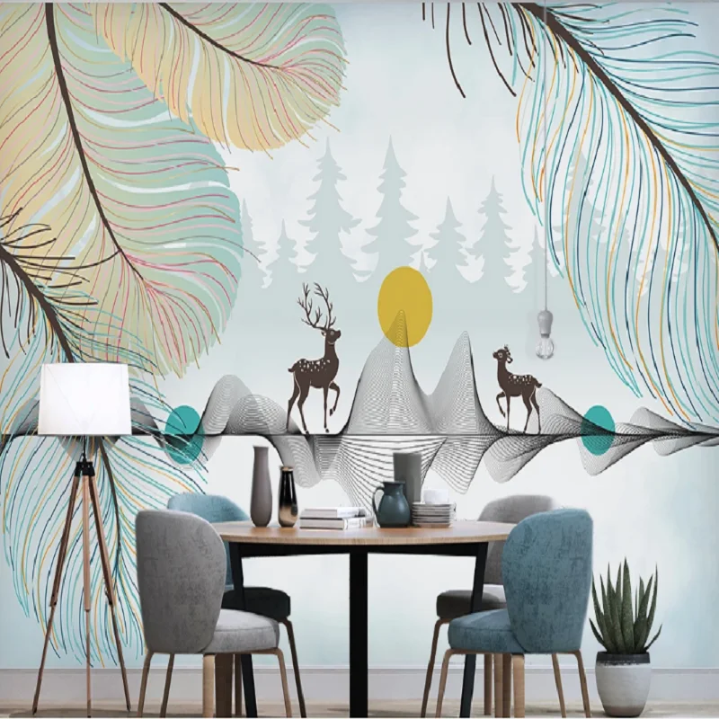 

3D large mural wallpaper modern minimalist feather day departure wealth tree couple elk children room TV background wall bedroom