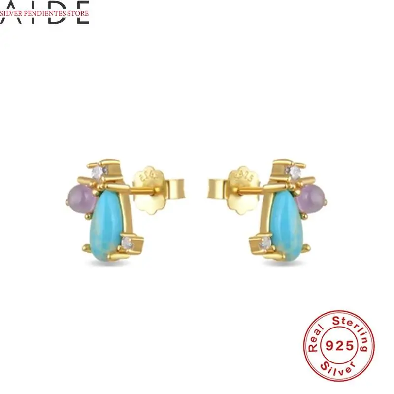 

AIDE Mini Gold Stud Earrings For Women 925 Sterling Silver Turquoise Orange Pink Zirocn Earrings Jewelry Boucle Oreille Femme