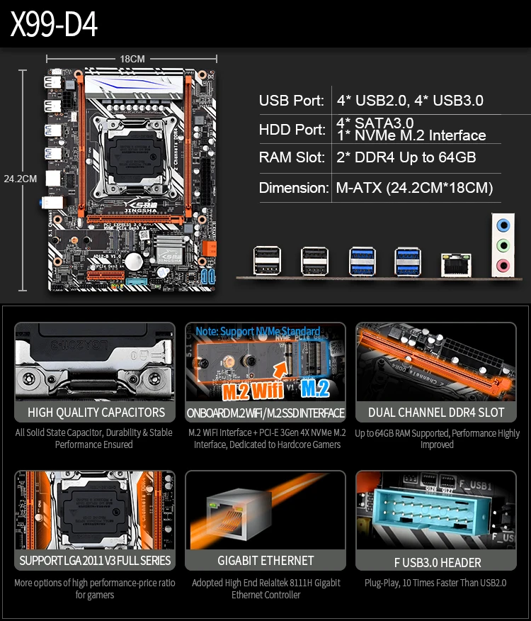 

X99 D4 Moederbord LGA2011 V3/V4 M-ATX USB3.0 Nvme M.2 Wifi Ssd Ondersteuning DDR4 Geheugen En Xeon E5 v3 Processor