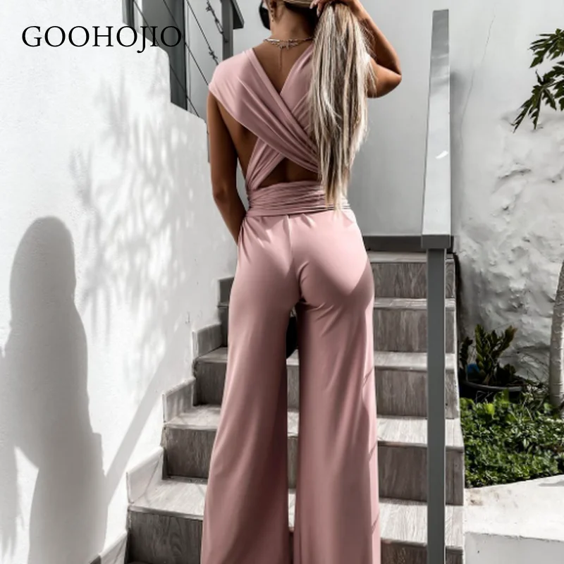 

GOOHOJIO 2021 New Spring and Autumn Sleeveless Jumpsuits Women Wide Leg Pants Women Jumpsuits Sexy Straps Jumpsuits for Ladies