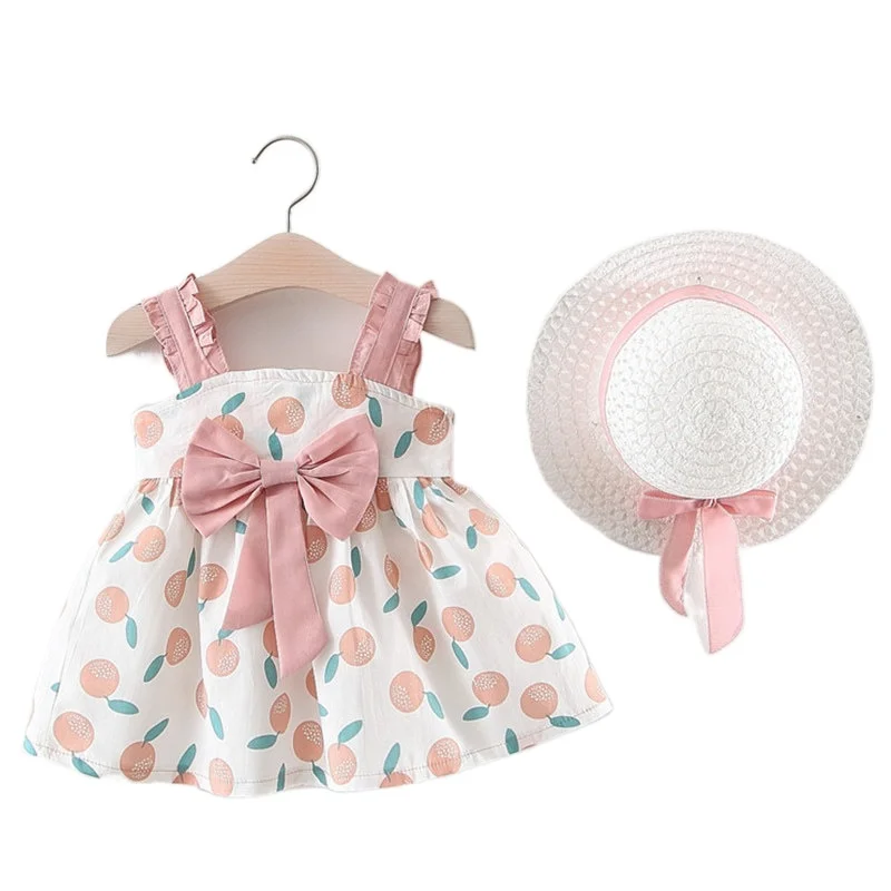 

Keelorn Summer Baby Girl Dress Fruit Printed Bow Vest Vestidos With Sunhats For Toddler Newborn Girl Holiday Casual Clothing