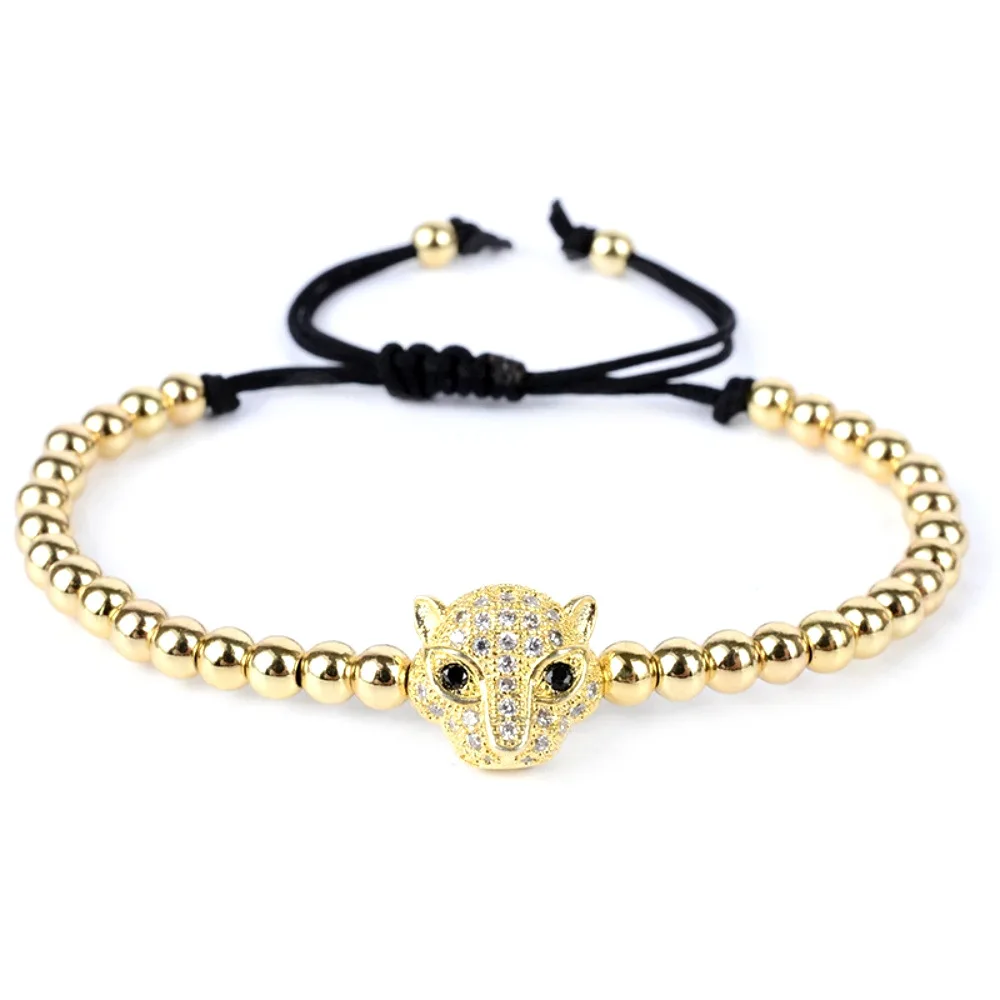 

Leopard Head Inlaid Zircon Couple Bracelet Color-preserving Gold-plated Woven Jewelry Adjustable DIY Bangle Gift Natural Stones