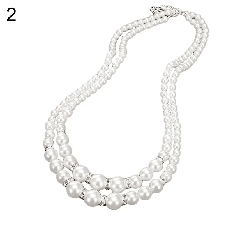 

Fashion Women Faux Pearl Beads Rhinestone Inlaid Double Layer Necklace Jewelry stainless steel jewelry woman accessories
