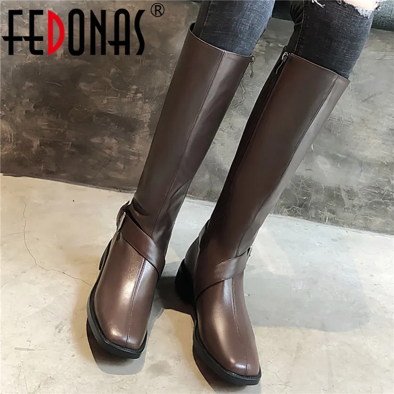 FEDONAS/модные женские сапоги для верховой езды Зимние до колена из натуральной кожи
