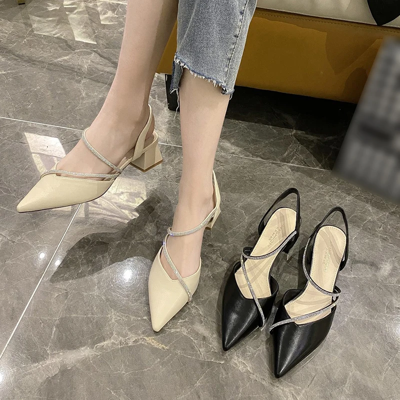 

Bunch sandals women 2021 all-match fairy wind heel pointed heels fashion rhinestone chunky single shoes