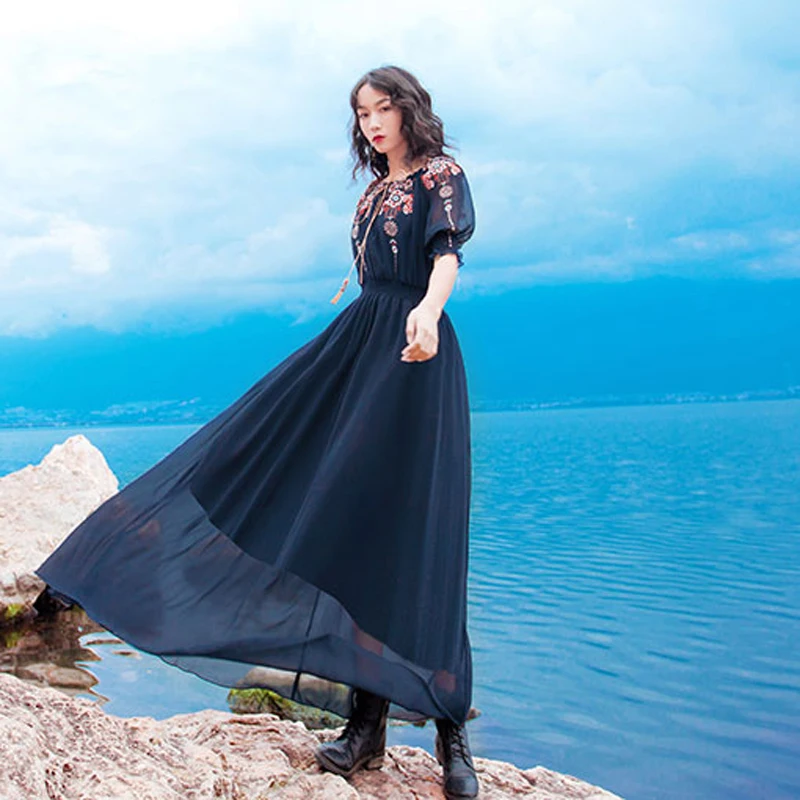 

2021 Summer Newest Fashion Designer Runway Bohemia Vintage Embroidery Maxi Dress Puff Sleeve Robe Femme Elegant Party Long Dress