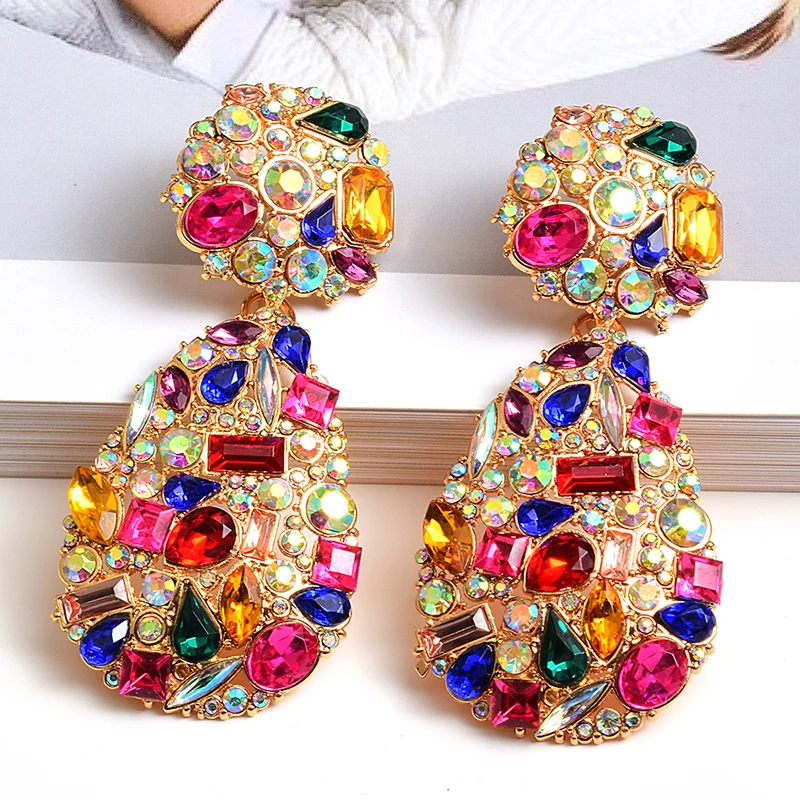 

New Colorful Crystals Drop Earrings Fine Jewelry Accessories For Women Fashion Trend Rhinestone Pendientes Bijoux