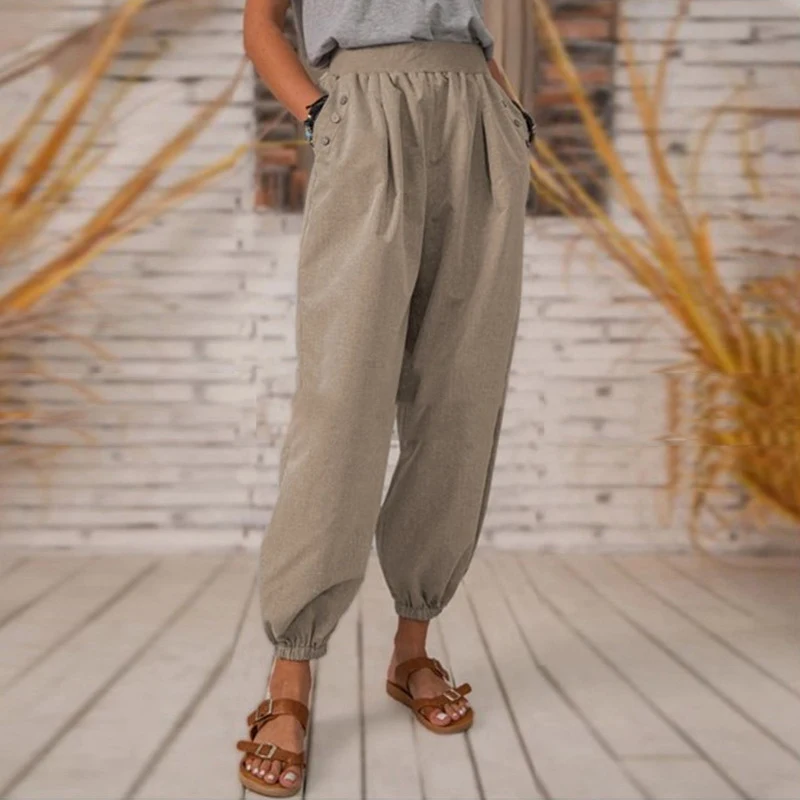 

Linen Mid Waist Women Vintage Loose Pants Gray Ankle Length Ladies Bloomers Plus Size 2021 Summer Autumn Streetwear Sporty Pant