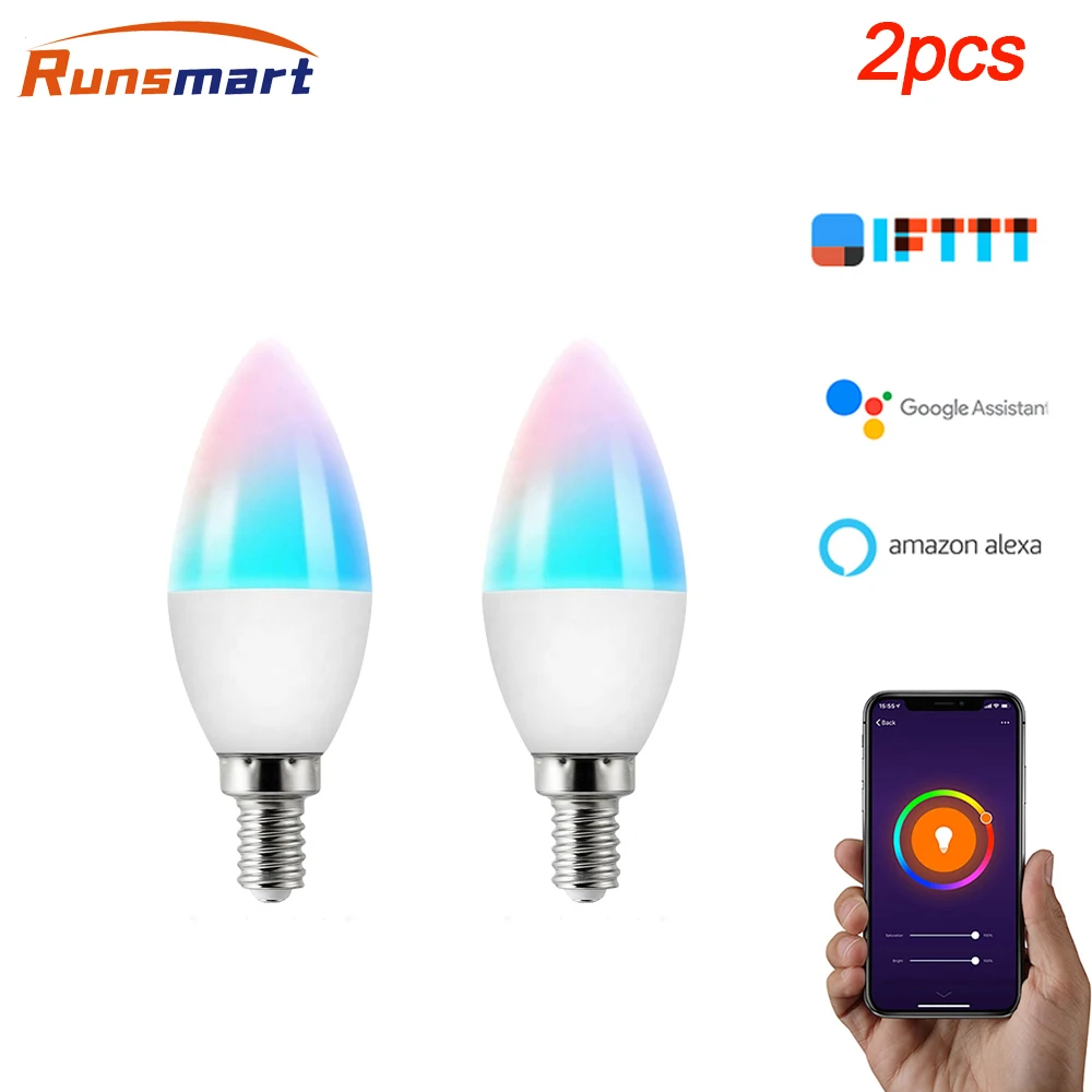 

2PCS Smart Wifi LED Bulb Dimmable LED Lamp Voice Control Magic Bulb E14 RGB CW 3.5W Candle Work With Alexa Google Home Assistant