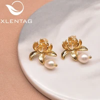 xlentag natural freshwater pearl pendant lotus brass 18k gold plated earrings woman vintage gift jewelry ge1046j