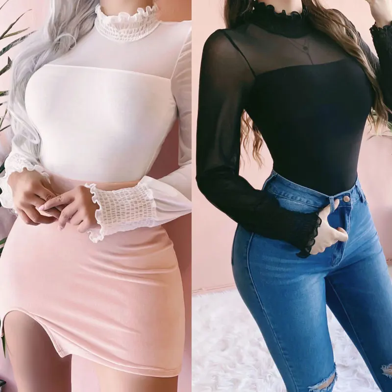 Early Spring Sexy Lace Long Sleeve Blouse For Women Ladies Mesh Tops Pullover Sweater Loose Jumper | Женская одежда