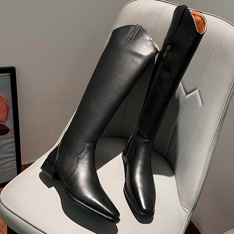 

Genuine leather low Heels Knee High Boots Classic Design Side Zipper square Toe Shoes Women Newest Wedding Shoes Woman