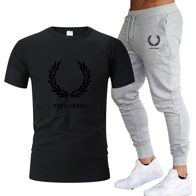 

Men Leisure Brand Tracksuit Set Sportswear Short Sleeve T-Shirt + Trousers 2 Piece Set Summer Cotton Breathable 2021