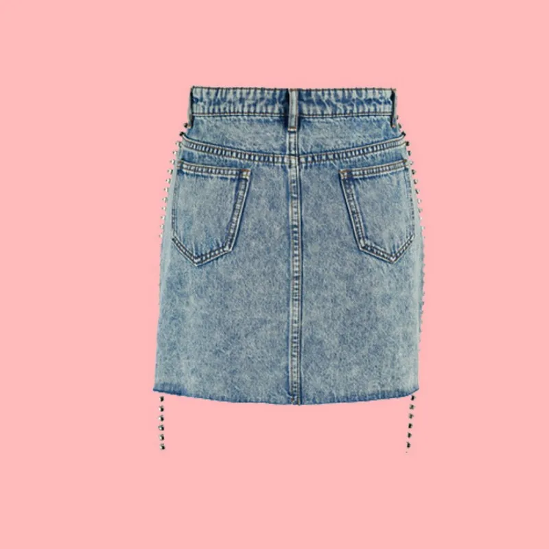 

2021 Designer Women Mini A Line Skirt Fashion Diamonds Tassel Denim Skirts Elegant Ladies High Quality Crystal Short Jeans Skirt