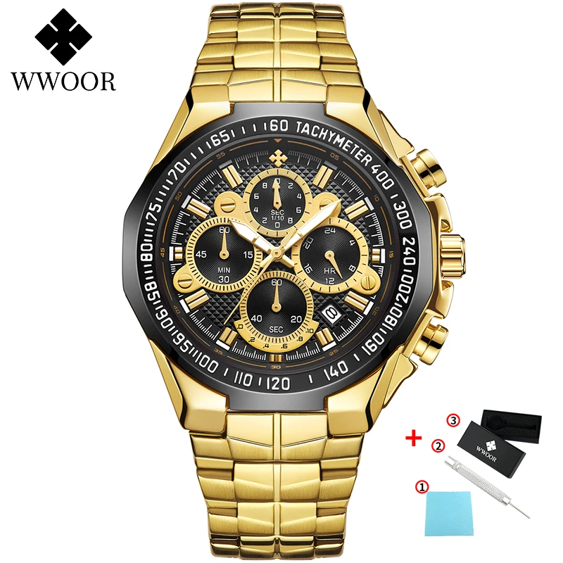 Gold Black Мужские кварцевые часы, мужские, Топ бренд, роскошные WWOOR, золотой хронограф, большой циферблат, повседневные спортивные водонепроницаемые наручные часы - Цвет: Gold Black