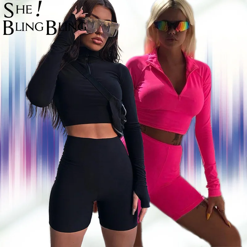 SheBlingBling неоновый фитнес комплект из 2 предметов женский комплект одежды короткий топ с длинными рукавами для спортзала шорты с высокой талией комплект для велоспорта женские наряды