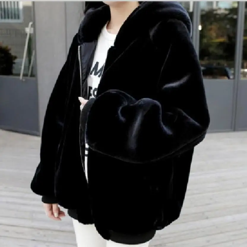 2021 Winter Women Fashion Faux Mink Coats Casual Hooded Zipper Black Warm Jackets Thick Faux Fur Overcoats Luxurious Plus Size
