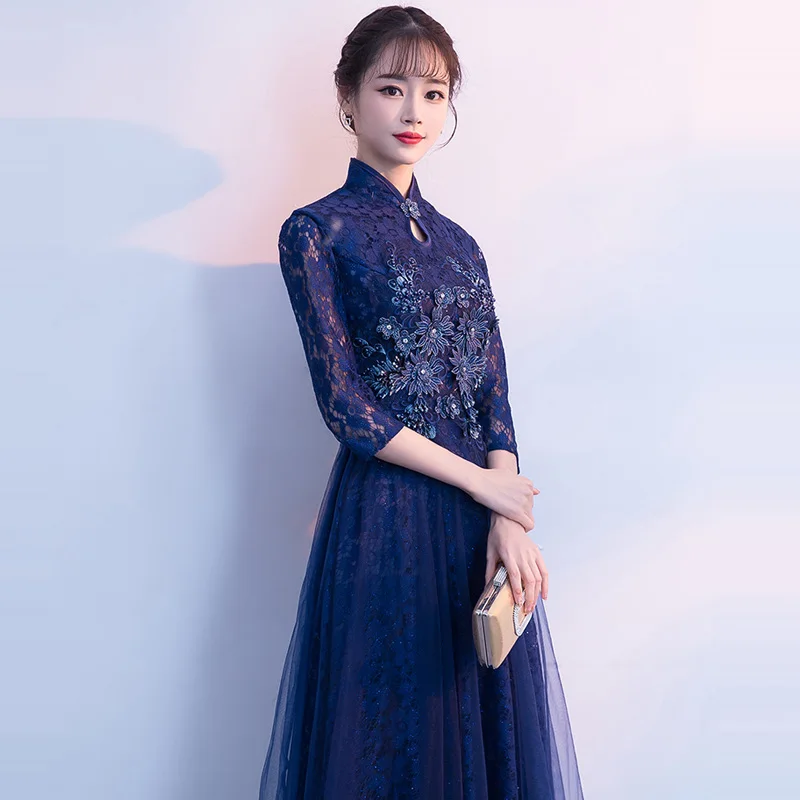 

Navy Blue Robe De Soiree CR343 High Collar Half Sleeve Banquet Gown Embroidery A-Line Long Evening Dresses Crepe Formal Dress