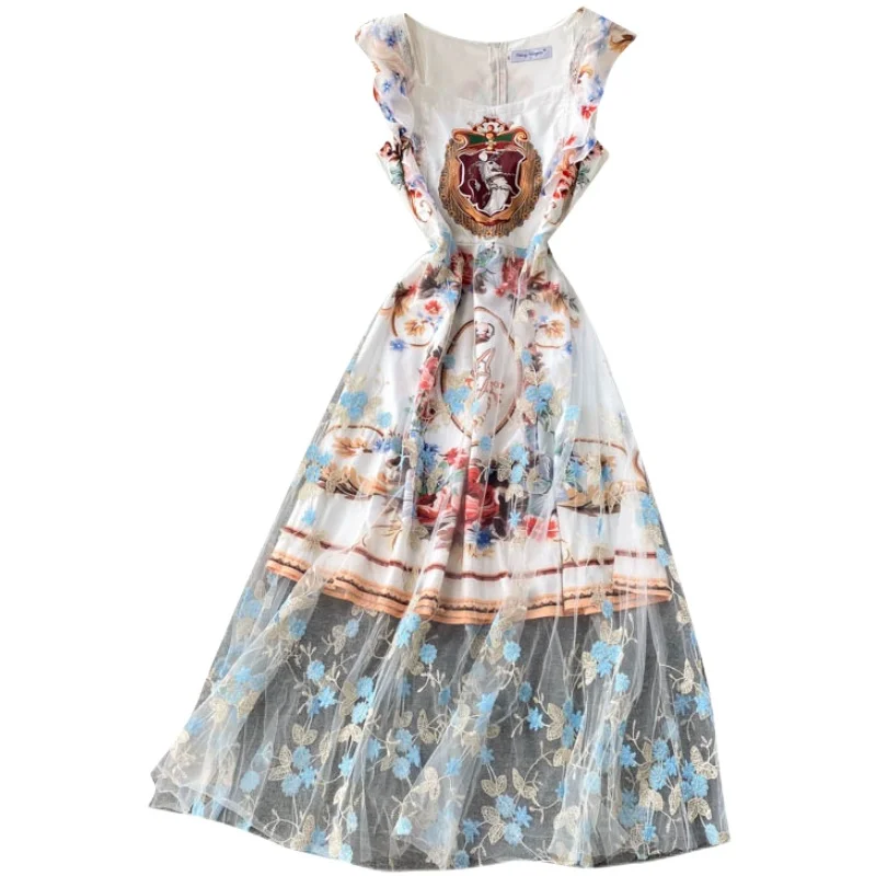 

French dress female printing design feeling restoring ancient ways perspective nets yarn embroidery fairy long