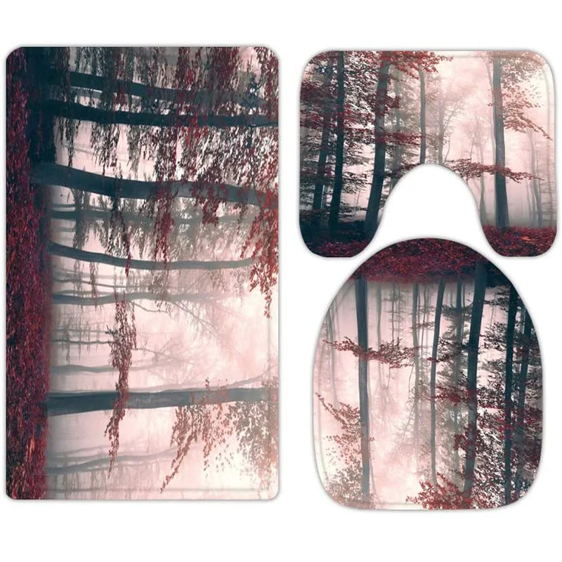 

Woodland Red Leaves Tree Foggy Forest 3-piece bathroom carpet, U-shaped cushion, non-slip goose down toilet seat, washable