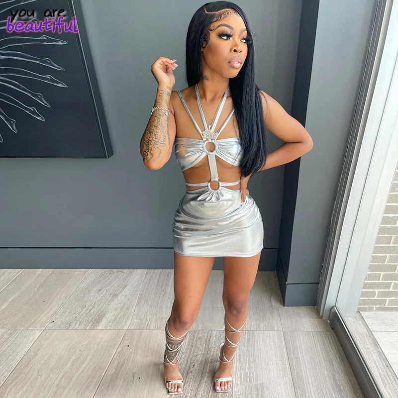 

Solid Sleeveless Bodycon Halter Hollow Out Sexy Mini Dress 2021 Autumn Ladies Club Backless Bandage Fashion Party Bodycon Dress