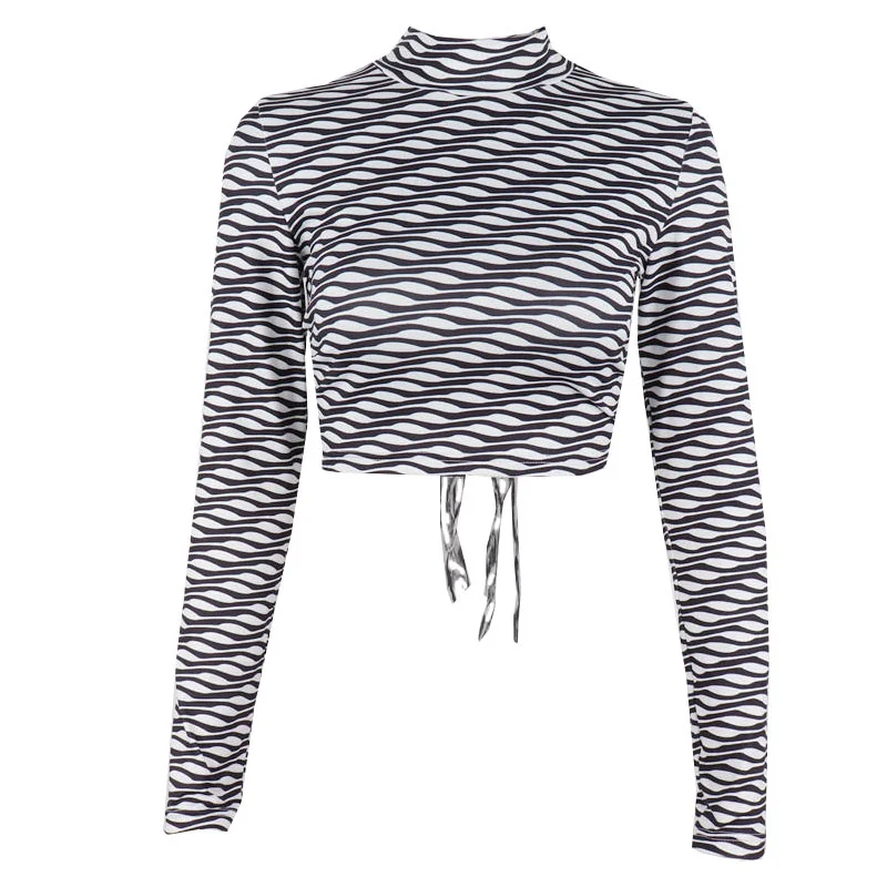 street shooting collar black and white color ripple girl long sleeve Pullover T-shirt women's autumn Rachel | Женская одежда