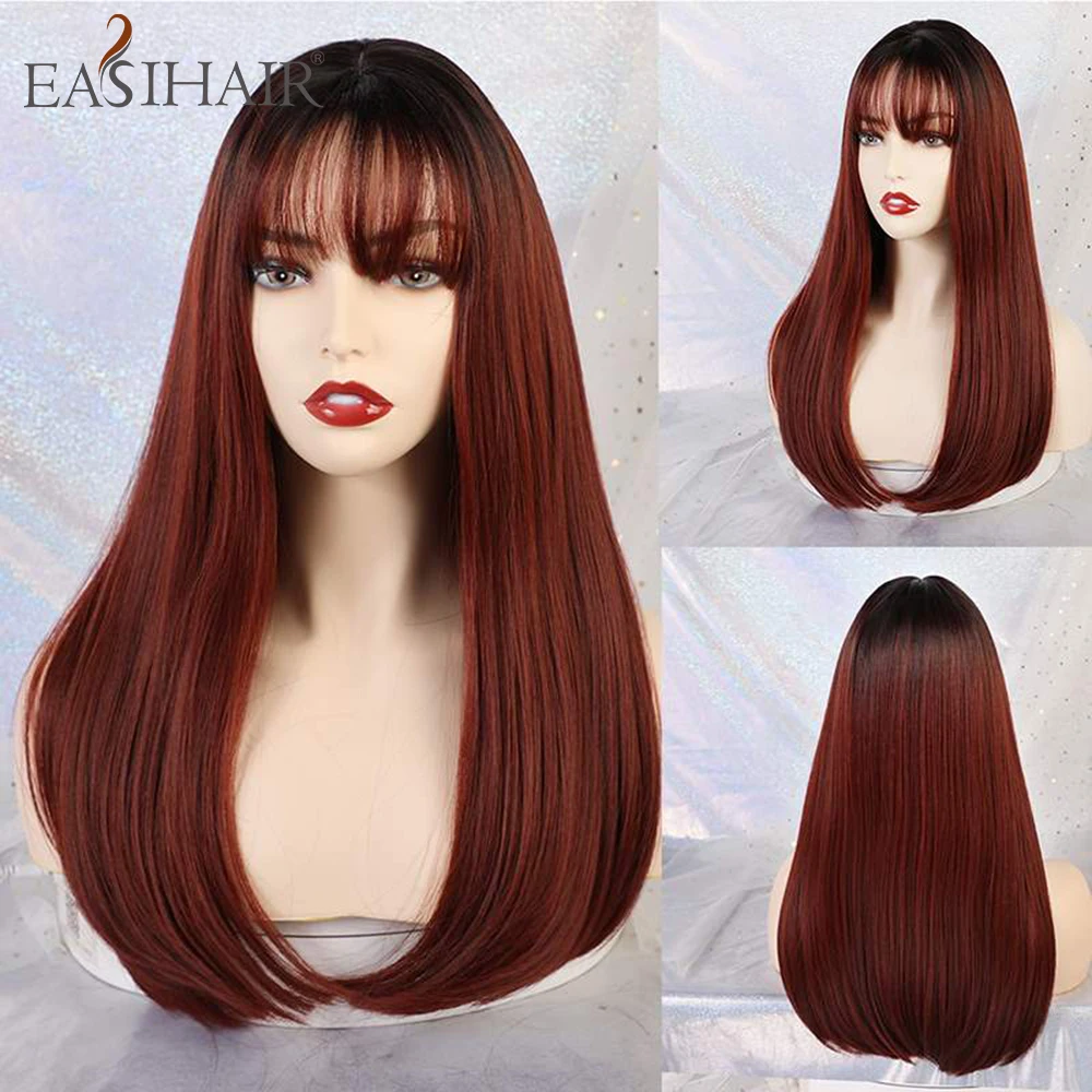 EASIHAIR длинные прямые Ombre черный вино красный синтетические парики с плоской