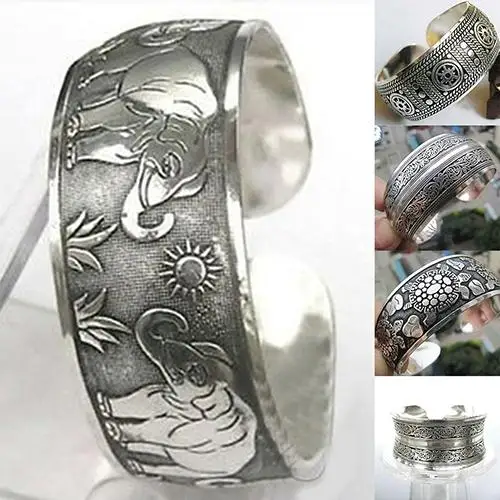 

Chinese Style Vintage Tibetan Silver Elephant Carved Flower Geometric Open Bangle Cuff Wide Bracelet Jewelry Gift For Women