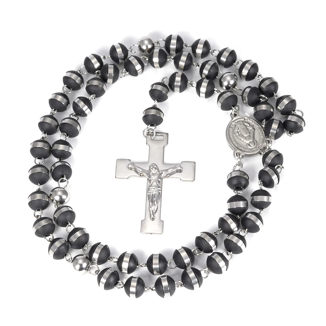 

Mens or Womens Jewelry Stainless Steel With Black Silicone Rosary Chain Cross Pendant Necklace