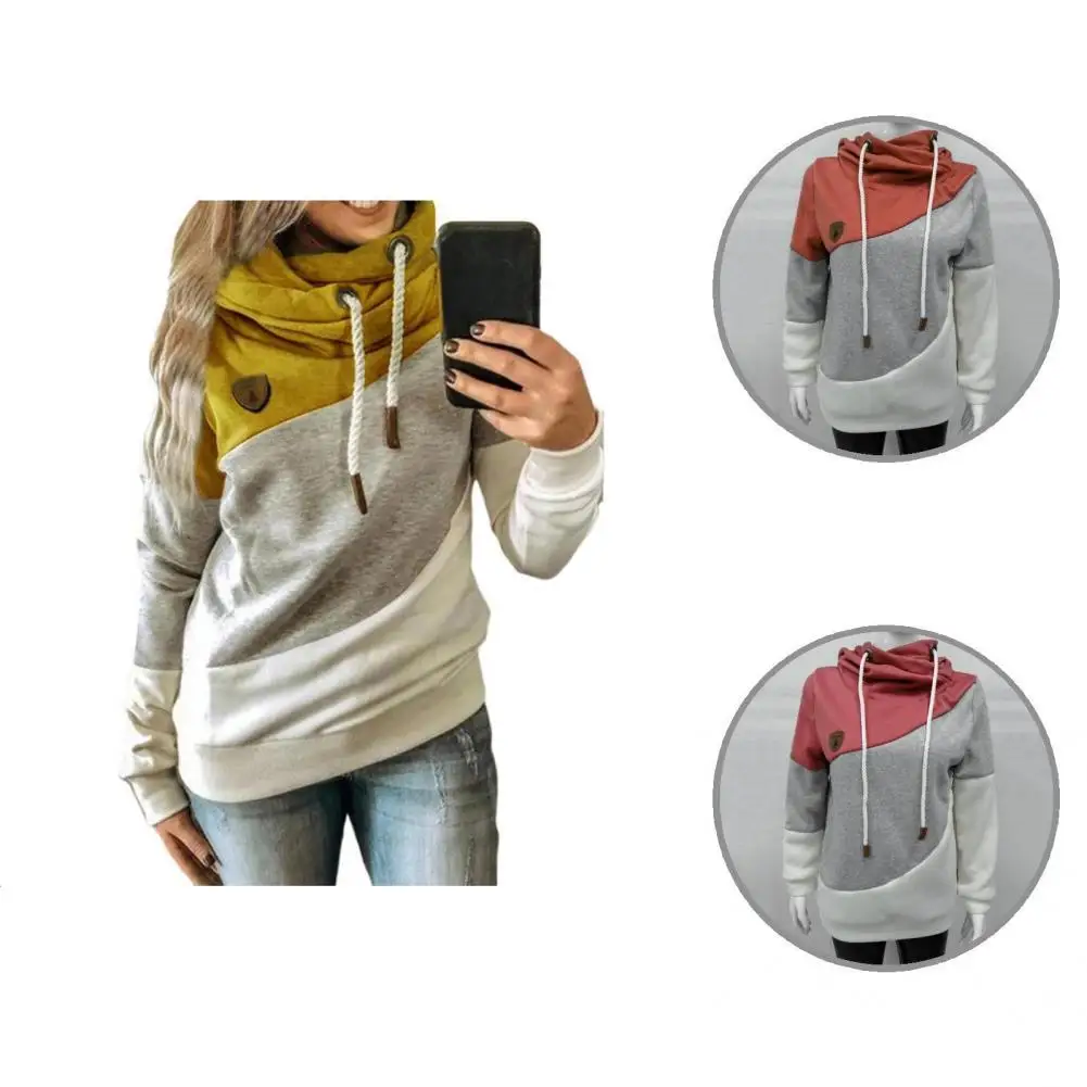 

Turtleneck Activewear Patchwork Drawstring Hooded Sweatshirt for Daily Wear