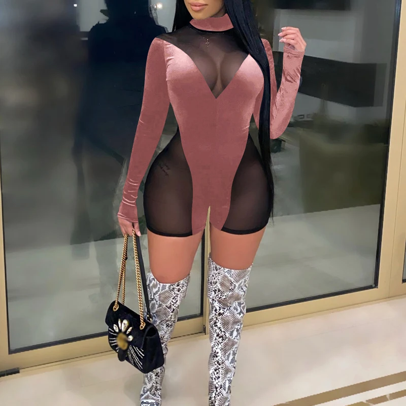 

Spring One Piece Velvet Patchwork Jumpsuit Women Elegant O Neck Club Party Skinny Bodysuit Sexy See Through Mesh Playsuit Outfit